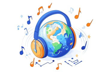 The world is listening, World music day, Earth with headphone on light background,