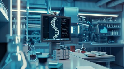 Fototapeta premium A high-tech lab with a DNA sequence displayed on a computer monitor, reflecting the advanced research environment and scientific discovery.