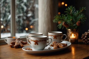 Fototapeta premium Christmas interior with coffee cups and gingerbread - mid century modern porcelain objects 