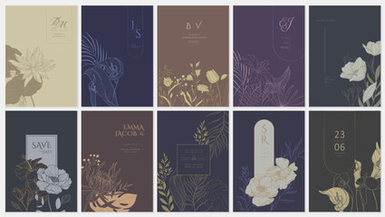 Set of floral invitation save the date card with detailed various flowers. Luxury vintage botanic template layout design, brochure or cover