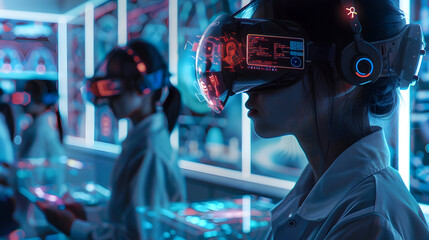 Fototapeta premium Woman Wearing VR Headset In Futuristic Lab Illustration