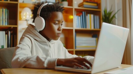 Fototapeta premium A young boy with headphones working on his laptop, surrounded by books and plants, in a brightly lit, well-organized study room.