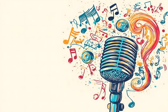 illustration for live music concerts with microphone and circle of notes around it