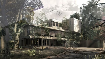 Modern house with large windows surrounded by trees.