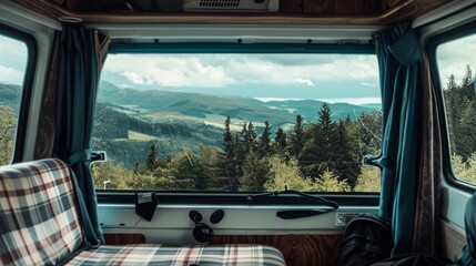 An inviting camper interior overlooks lush trees and rolling hills from its cozy, plaid couch framed by blue curtains, promising a peaceful retreat.