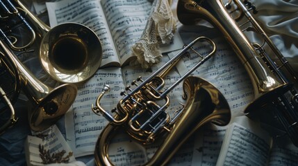 Brass instruments are artfully arrayed on top of sheet music, creating an elegant and harmonious...