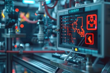 Obraz premium A close-up of a digital control panel in a high-tech industrial environment.