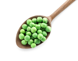 Spoon with fresh green peas isolated on white, top view