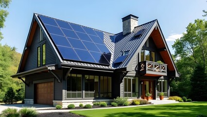 Modern house after solar panel installation on top of the roof exterior residential landscape that produce green friendly energy