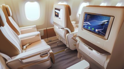 A modern aircraft cabin featuring comfortable beige seats with screens, evoking a sense of luxury and relaxation during travel.