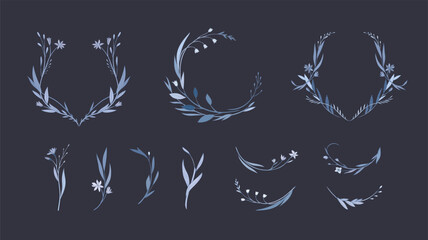 Set of elegant calligraphic botanical design elements, floral frame and graceful branches. Wedding wildflowers for invitation save the date card. Botanical feminine rustic vector illustration