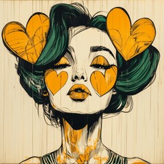 Graffitti, Street Art Portrait of woman with love hearts, sketch, cool, hipster, wall art, mural, painted, model, fifties style, glam, woman in love, green, beige, pink, hand drawn