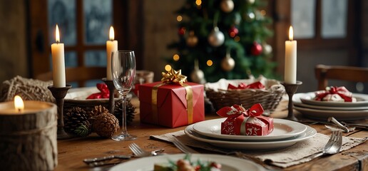Christmas table setting for traditional lunch or dinner on a rustic table with seasonal greeting cards, tableclothes, tableware and festive decorations. Concept of family traditions and celebrations