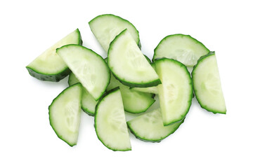 Pieces of fresh cucumbers isolated on white, top view