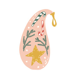 Christmas bauble isolated on white background. shatterproof ornaments with star, candy cane and pine branches Vector hand drawn flat illustration