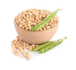 Dried peas in bowl and fresh green pods isolated on white