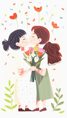 Two girls holding a bouquet of flowers and looking at each other