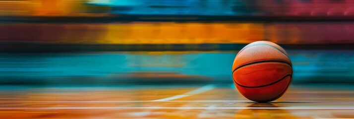 Naklejka premium A basketball sits on a wooden court with a blurred background of colorful lines, symbolizing the energy, movement, and competition of the game.