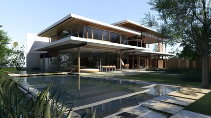 Obraz premium Modern house with pool and lush landscaping.