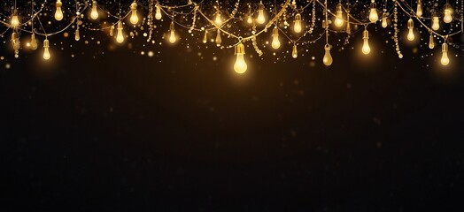 Christmas warm gold garland lights over dark background with glitter overlay