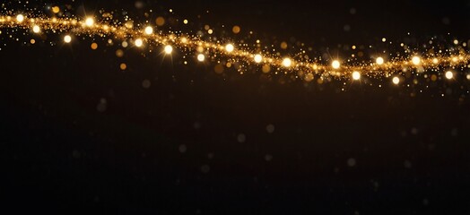 Christmas warm gold garland lights over dark background with glitter overlay