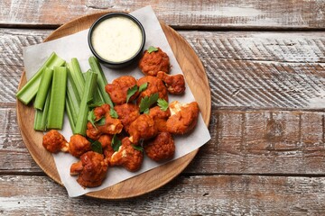 Baked cauliflower buffalo wings with celery and sauce on wooden table, top view. Space for text