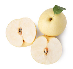 Fresh apple pears and green leaf isolated on white, top view