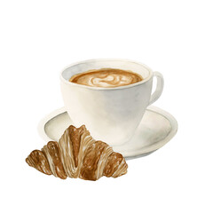 Coffee Latte., Cappuccino in white porcelain cup with Croissant . Hot beverage and dessert. Watercolor food illustration