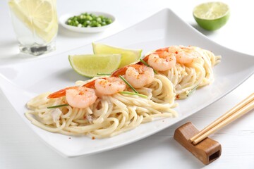 Delicious pasta with shrimps, green onions, lime and chopsticks on white wooden table, closeup