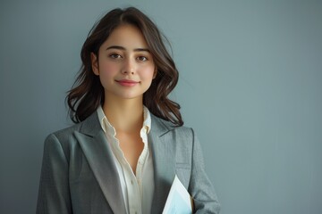 A young woman in a grey blazer and white shirt looks directly at the camera. She is holding a folder in her hands and standing in front of a grey wall.