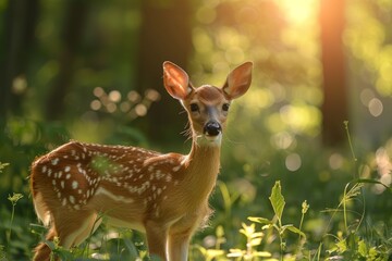 A young fawn stands in a lush, green forest clearing. The sunlight is filtering through the trees, creating a warm glow around the fawn