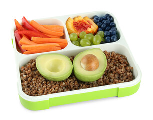 Lunch box with buckwheat, fruits and vegetables isolated on white