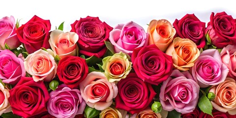 Obraz premium Vibrant display of pink and red roses on a white background, blooming, beauty, vibrant, pink, red, roses, flora, botanical