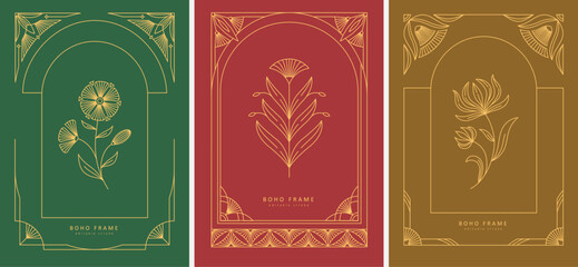 Frame or cover of boho geometric design elements. Simple corner, wreath and seamless borders for book covers print, social media and packaging or wedding greeting card. Vector illustration