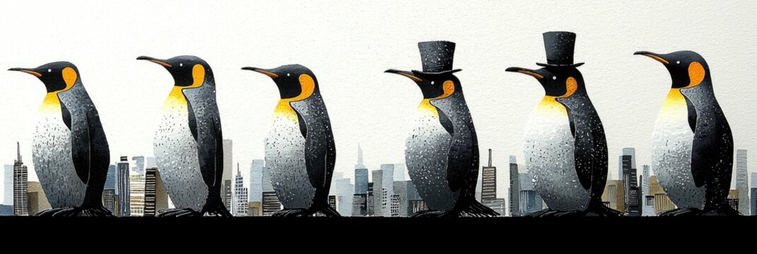 Penguins in Suits and Hats - Urban Animal Illustration