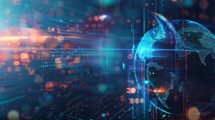 Obraz premium A futuristic depiction of a digital globe, symbolizing global interconnectedness, data flow, technological advancement, innovation, and the digital age.