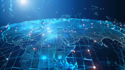 A futuristic digital representation of the Earth, showcasing interconnectedness and data flow across continents, symbolizing globalization, communication, technology, and the internet.