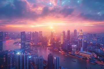 Obraz premium Aerial view of a cityscape at sunset with a river winding through the buildings and a vibrant, pink sky