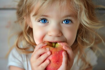 Happy Child Eating Apple: Little Girl Enjoying Healthy Food Portrait