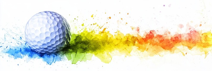 A golf ball sits in the foreground with colorful splashes of blue, green, yellow, orange and red behind it, symbolizing energy, excitement, competition, success, and achievement.