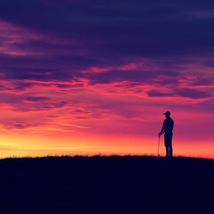 Obraz premium A lone golfer stands silhouetted against a vibrant sunset sky, symbolizing peace, solitude, achievement, and the beauty of nature.