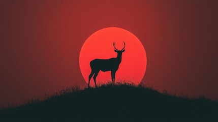 Silhouette of a deer standing on a hill with a red sun behind it.