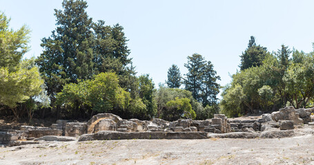 Stone  fragments of main fasade of synagogue from 1st 2nd centuries AD near Beit Shearim necropolis near Kiryat Tivon city in northern Israel