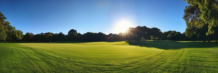 Naklejka premium A panoramic view of a golf course with lush green grass and trees in the background. The sun is shining brightly, casting long shadows on the green and adding a sense of tranquility.