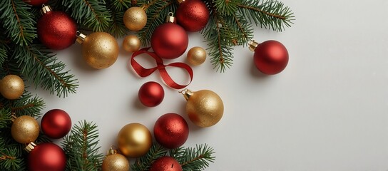 Christmas frame of spruce, red and gold decorations on white background. Copy space. New Year lights. Flat lay