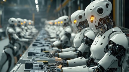 Fototapeta premium Futuristic Robotics Overseeing Automated Manufacturing Process in a High-Tech Factory