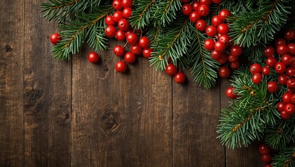 Christmas Holiday Evergreen Pine Branches and Red Berries Over Wood Background, Copy Space