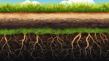 A vector graphic showing a cross-section of soil with grass growing on top, detailing the roots and earth layers beneath a lush green surface.