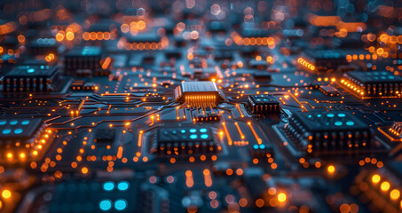 3D Illustration of a Futuristic Circuit Board with Glowing Lights