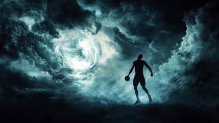 Naklejka premium A silhouette of a basketball player stands against a backdrop of stormy clouds, symbolizing determination, perseverance, overcoming challenges, and striving for success.